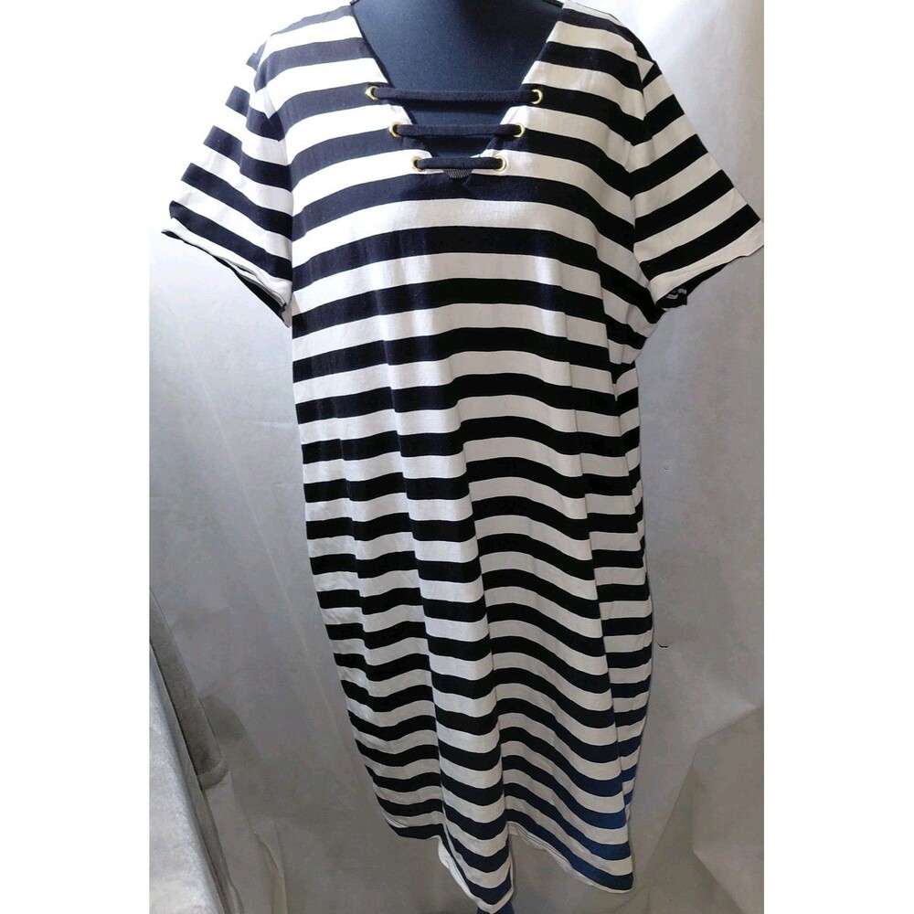 Michael Kors Shift Dress Womens 2X Black White Striped Stretch Short Sleeve